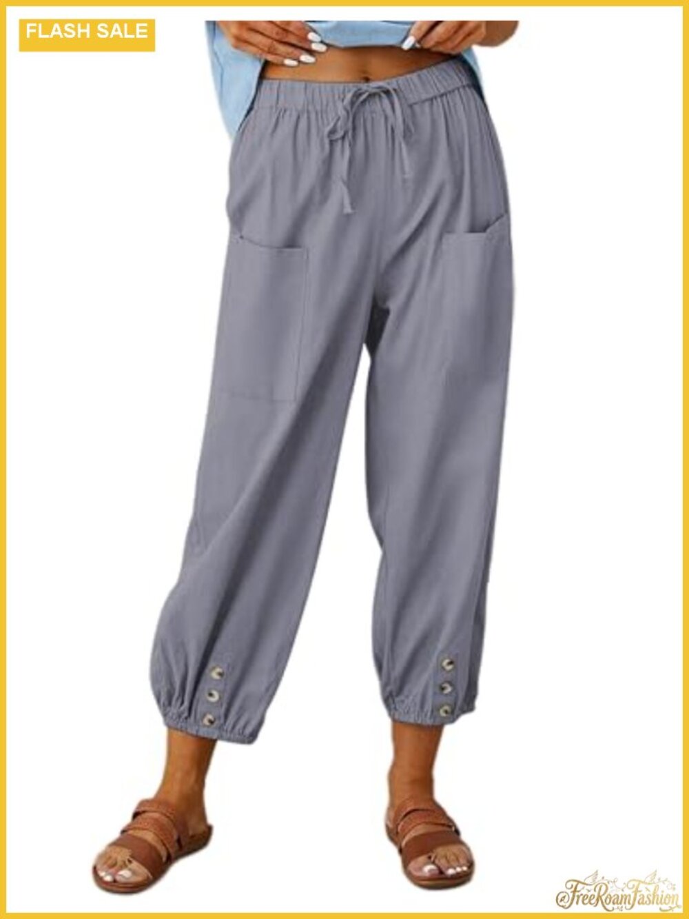 Cotton Linen Capri Pants High Waist Tapered Drawstring Beach